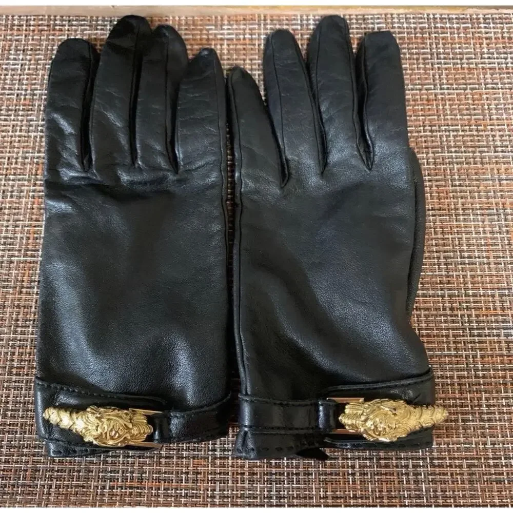 GUCCI RARE Lion Shaped Gold Embellishments Black Leather Gloves Size 8 Authentic - Picture 1 of 5